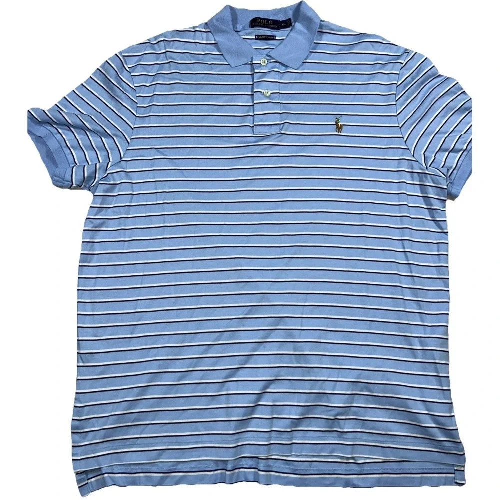Pooo Ralph Lauren Pima Cotton Men's XL Baby Blue Navy White‎ Stripes Flesh Pony